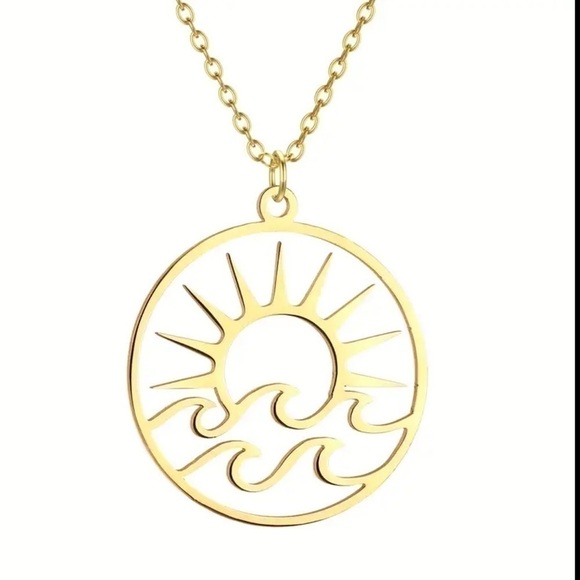Gold Stainless Steel Sun Wave Pendant Necklace - Picture 2 of 3